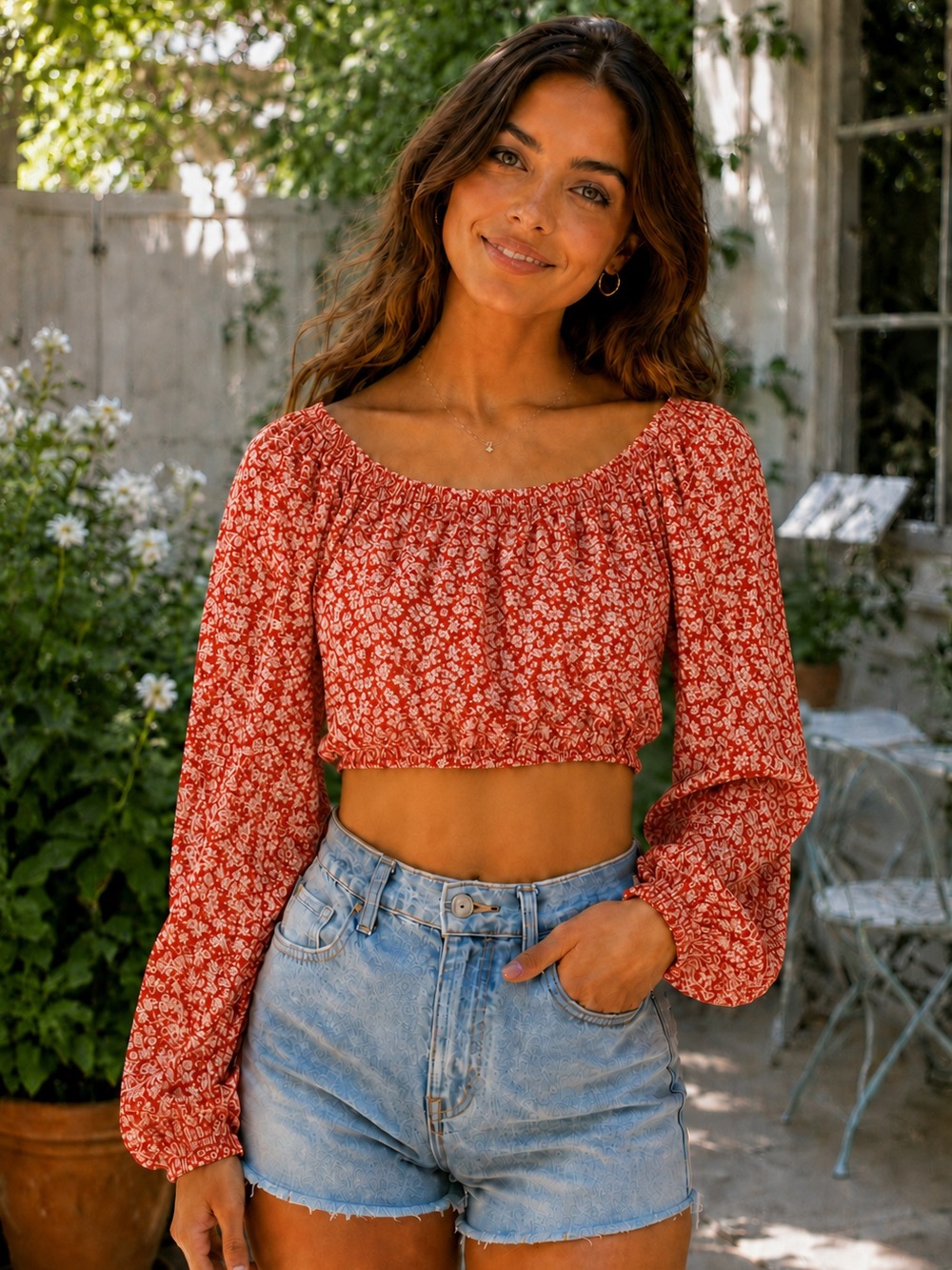 ACOA Red & White Ditsy Floral Off Shoulder Long Sleeve Crop Top, Small
